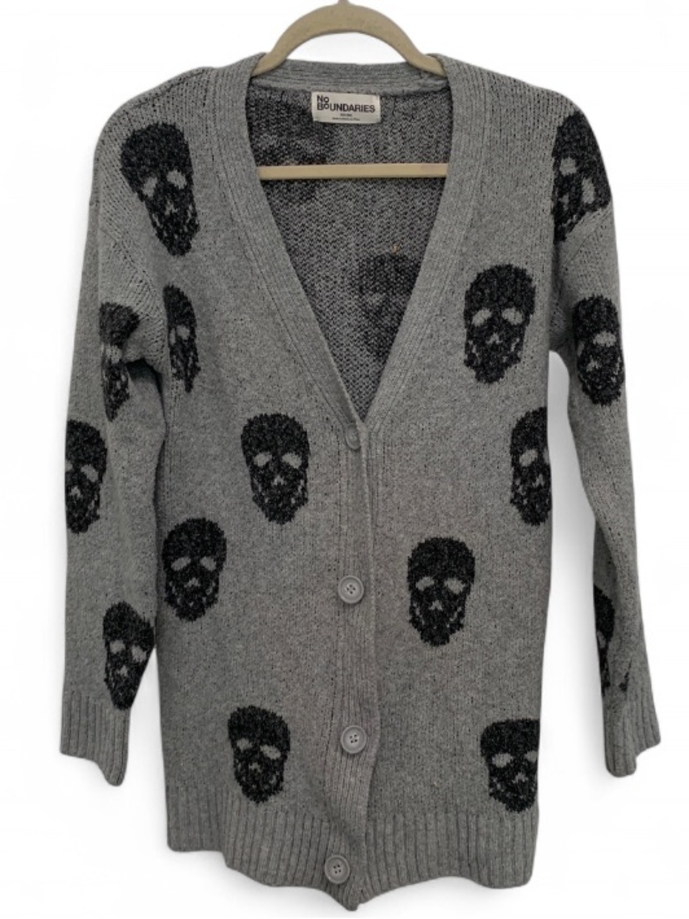 No Boundaries Gray and Black Skull-Print V-Neck Cardigan Sweater